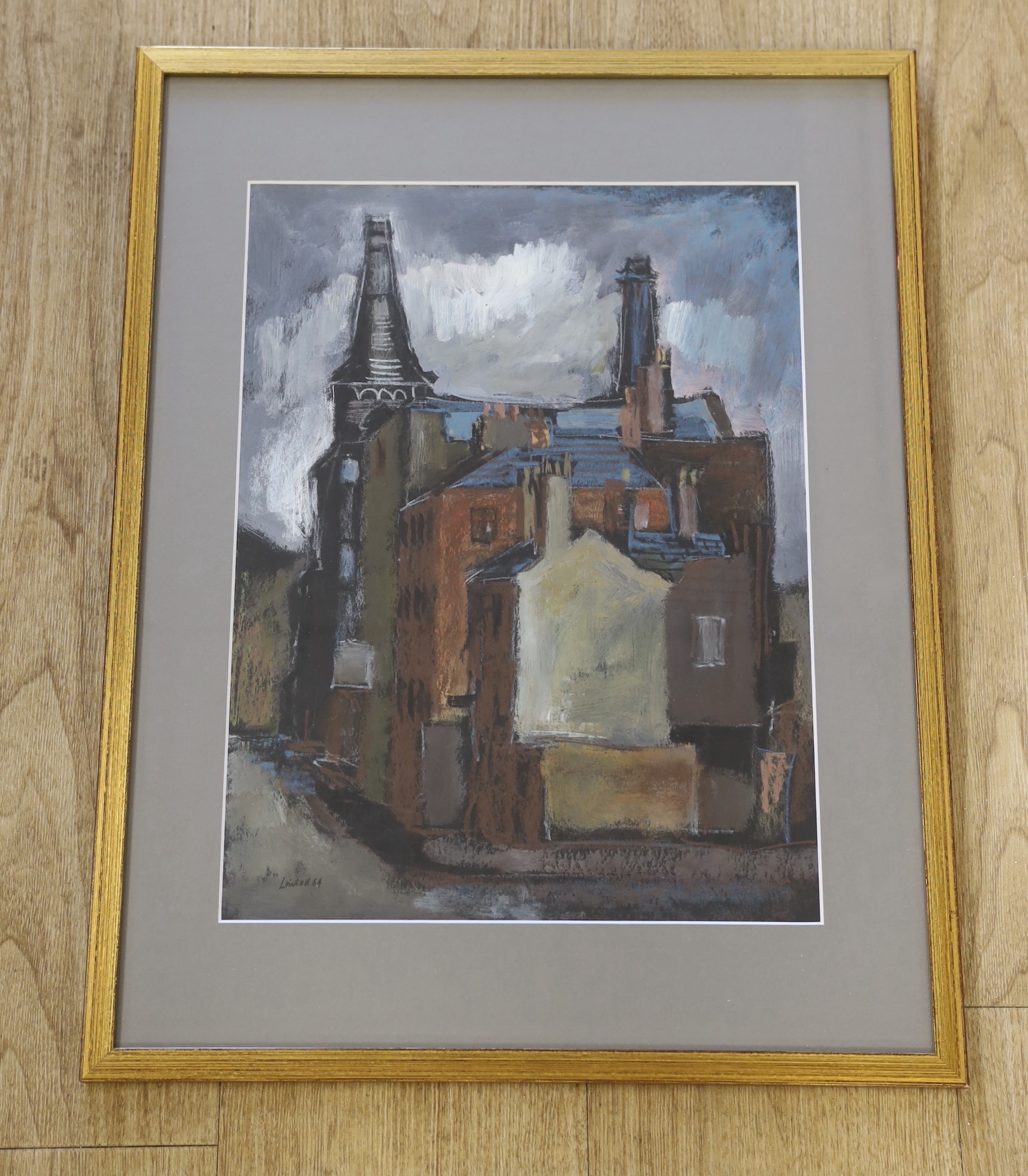 Geoffrey Lintott (20th century) mixed media, 'Industrial buildings, Manchester', signed and dated ‘64, 39 x 29cm